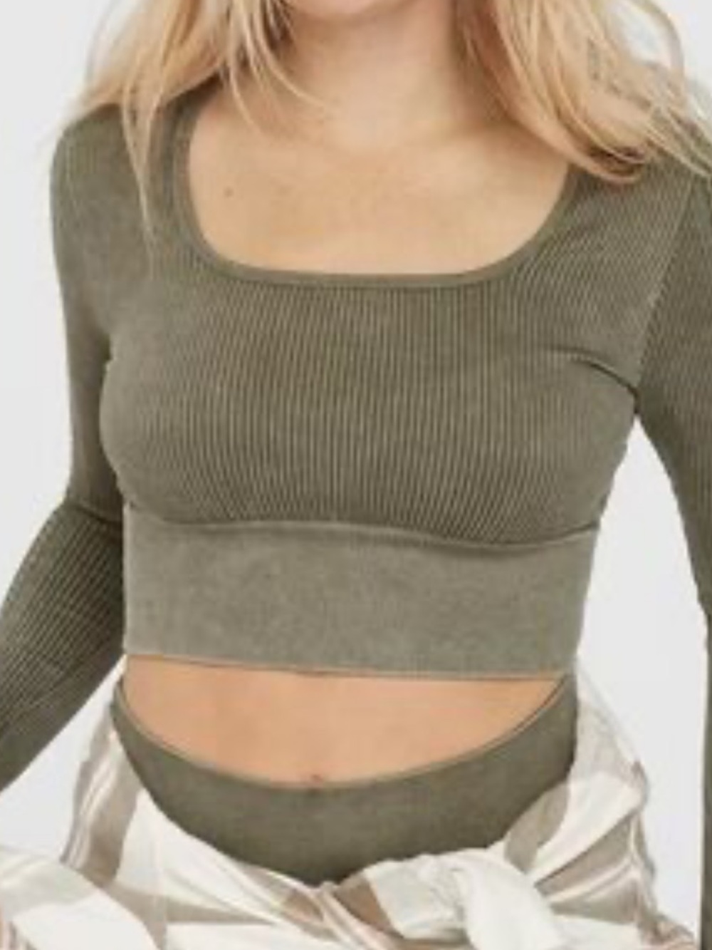 OFFLINE by AERIE SQUARE NECK LONG SLEEVE OLIVE RIBBED T-SHIRT CROP TOP SZ XS